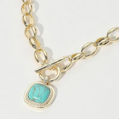 Fashnzfab 14k Gold Plated Bold Square Turquoise Stone Pendant Toggle Necklace In Multi