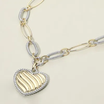 Fashnzfab 14k Gold Plated Bold Two Tone Oval Link Textured Heart Pendant Necklace