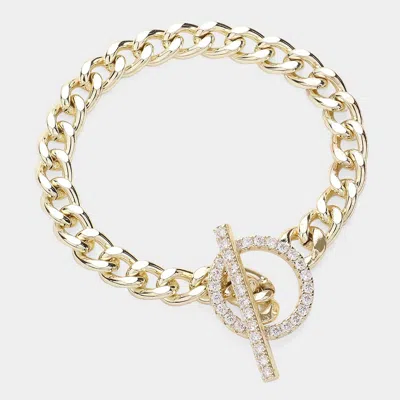 Fashnzfab 14k Gold Plated Chain Cz Stone Paved Toggle Bracelet Gold