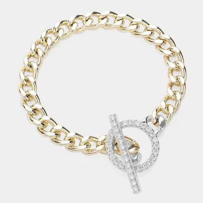 Fashnzfab 14k Gold Plated Chain Cz Stone Paved Toggle Bracelet Two Tone In Multi