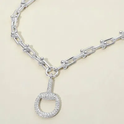 Fashnzfab 14k Gold Plated Chunky Industrial Chain Cz Pave Half Horsebit Pendant Necklace In Silver