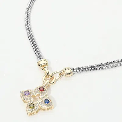 Fashnzfab 14k Gold Plated Colorful Cz Floral Pendant Double Chain Necklace In Metallic