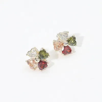 Fashnzfab 14k Gold Plated Colorful Cz Floral Stud Earrings In Multi