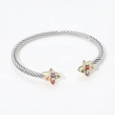 Fashnzfab 14k Gold Plated Colorful Cz Floral Tip Twisted Cable Cuff Bracelet In Multi