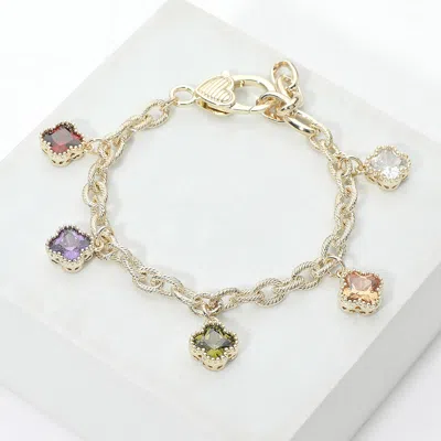 Fashnzfab 14k Gold Plated Colorful Cz Quatrefoil Charm Station Bracelet