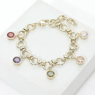 Fashnzfab 14k Gold Plated Colorful Cz Round Charm Station Bracelet In Silver
