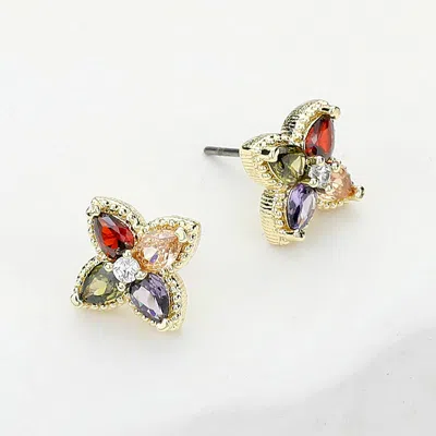 Fashnzfab 14k Gold Plated Colorful Cz Stone Embellished Clover Stud Earrings In Multi