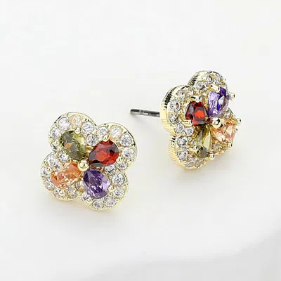 Fashnzfab 14k Gold Plated Colorful Cz Stone Embellished Quatrefoil Stud Earrings In Metallic