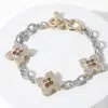 Fashnzfab 14k Gold Plated Colorful Cz Stone Pointed Clover Charm Link Toggle Bracelet Multi, Two Tone In Multi