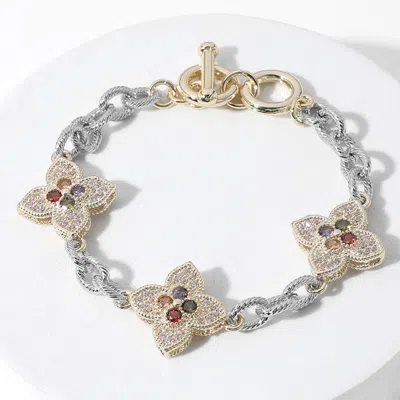 Fashnzfab 14k Gold Plated Colorful Cz Stone Pointed Clover Charm Link Toggle Bracelet Multi, Two Tone