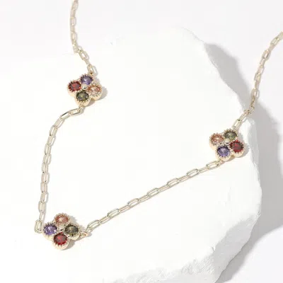 Fashnzfab 14k Gold Plated Colorful Cz Stone Quatrefoil Station Paperclip Chain Necklace In Multi