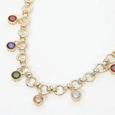 Fashnzfab 14k Gold Plated Colorful Round Cz Charm Station Chunky Chain Necklace In Silver