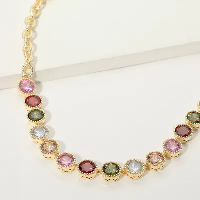 Fashnzfab 14k Gold Plated Colorful Round Cz Cluster Link Necklace