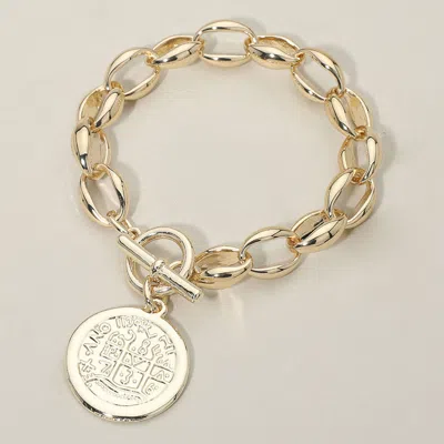 Fashnzfab 14k Gold Plated Cross Embossed Coin Charm Chunky Chain Toggle Bracelet - Gold