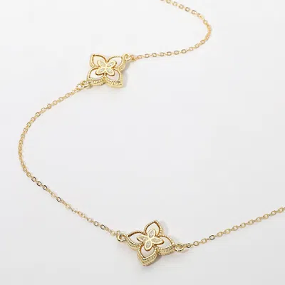 Fashnzfab 14k Gold Plated Cz Accent Floral Charm Station Long Necklace In Gray