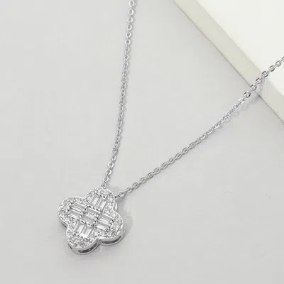 Fashnzfab 14k Gold Plated Cz Baguette Quatrefoil Pendant Necklace In Metallic