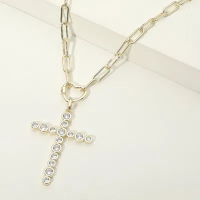 Fashnzfab 14k Gold Plated Cz Bezel Cross Pendant Paperclip Chain Necklace In Silver