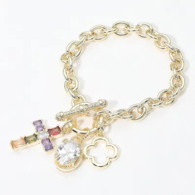 Fashnzfab 14k Gold Plated Cz Cross Stone Quatrefoil Charm Pendant Toggle Bracelet In Pink