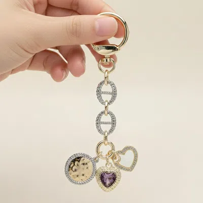 Fashnzfab 14k Gold Plated Cz Double Heart Coin Charm Drop Keychain Bag Charm In Animal Print