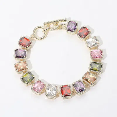 Fashnzfab 14k Gold Plated Cz Emerald Cut Stone Cluster Link Evening Toggle Bracelet - Gold, Multi