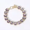 Fashnzfab 14k Gold Plated Cz Emerald Cut Stone Cluster Link Evening Toggle Bracelet Amethyst, Gold In Multi