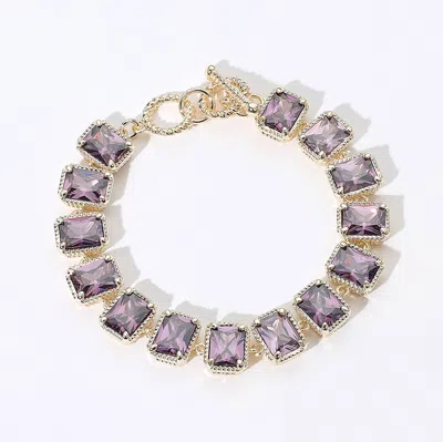 Fashnzfab 14k Gold Plated Cz Emerald Cut Stone Cluster Link Evening Toggle Bracelet Amethyst, Gold In Multi