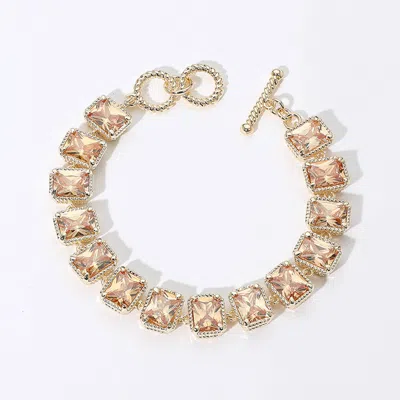 Fashnzfab 14k Gold Plated Cz Emerald Cut Stone Cluster Link Evening Toggle Bracelet Champagne, Gold In Silver
