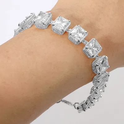 Fashnzfab 14k Gold Plated Cz Emerald Cut Stone Cluster Link Evening Toggle Bracelet Clear, Rhodium In Silver