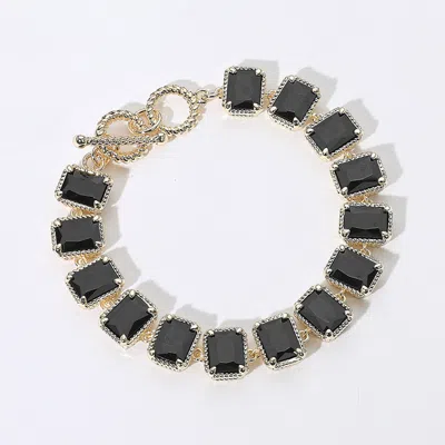 Fashnzfab 14k Gold Plated Cz Emerald Cut Stone Cluster Link Evening Toggle Bracelet Gold, Jet Black In Multi