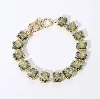 Fashnzfab 14k Gold Plated Cz Emerald Cut Stone Cluster Link Evening Toggle Bracelet Gold, Olive Green In Multi