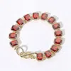 Fashnzfab 14k Gold Plated Cz Emerald Cut Stone Cluster Link Evening Toggle Bracelet Gold, Red In Multi