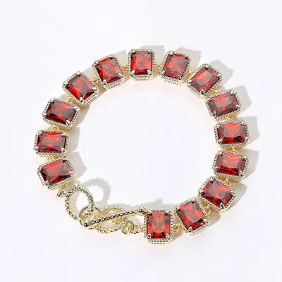 Fashnzfab 14k Gold Plated Cz Emerald Cut Stone Cluster Link Evening Toggle Bracelet Gold, Red In Multi