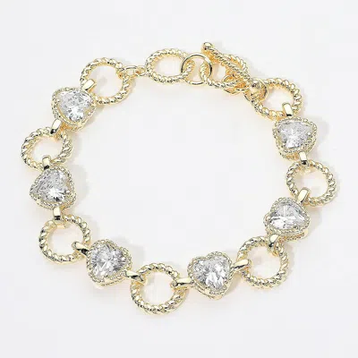 Fashnzfab 14k Gold Plated Cz Heart Charm Link Toggle Bracelet