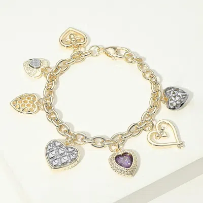 Fashnzfab 14k Gold Plated Cz Heart Charm Station Bracelet In Green