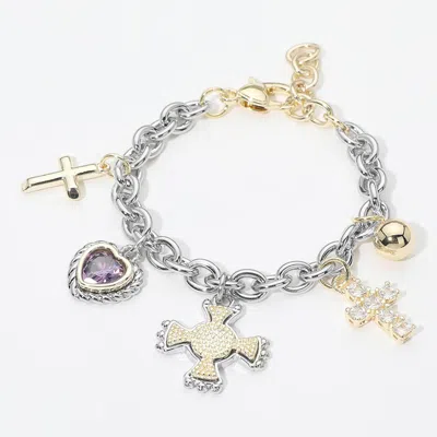 Fashnzfab 14k Gold Plated Cz Heart Cross Charm Station Bracelet In Metallic