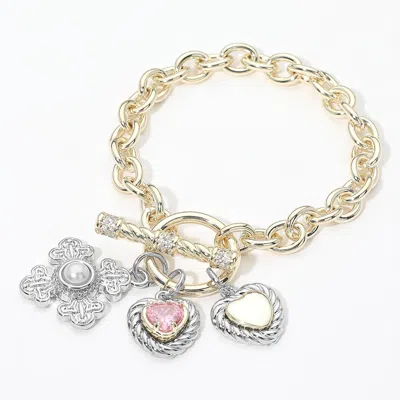 Fashnzfab 14k Gold Plated Cz Heart Pearl Accent Cross Charm Toggle Bracelet In Orange
