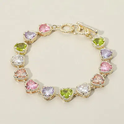 Fashnzfab 14k Gold Plated Cz Heart Stone Cluster Link Toggle Bracelet - Gold, Light, Multi In Pink