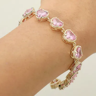 Fashnzfab 14k Gold Plated Cz Heart Stone Cluster Link Toggle Bracelet - Gold, Rose In Silver