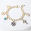 Fashnzfab 14k Gold Plated Cz Heart Stone Pearl Cluster Metal Cross Charm Station Bracelet Multi, Rhodium In Gold