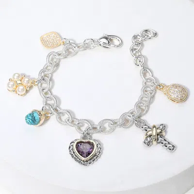Fashnzfab 14k Gold Plated Cz Heart Stone Pearl Cluster Metal Cross Charm Station Bracelet Multi, Rhodium In Metallic