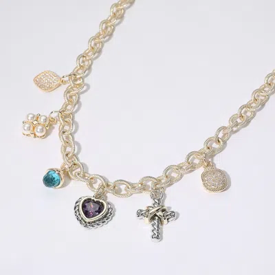 Fashnzfab 14k Gold Plated Cz Heart Stone Pearl Cluster Metal Cross Charm Station Necklace