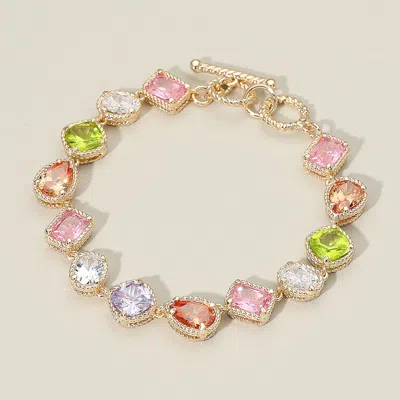 Fashnzfab 14k Gold Plated Cz Multi Stone Cluster Link Toggle Bracelet - Gold, Multi