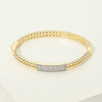 Fashnzfab 14k Gold Plated Cz Pave Bar Accent Beaded Hinged Bangle Bracelet