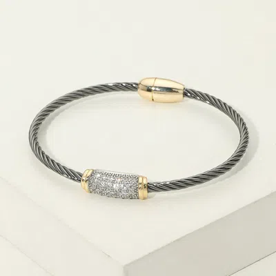Fashnzfab 14k Gold Plated Cz Pave Bar Accent Twisted Cable Magnetic Bangle Bracelet In Green