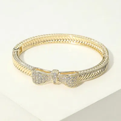 Fashnzfab 14k Gold Plated Cz Pave Bow Accent Cable Hinged Bangle Bracelet