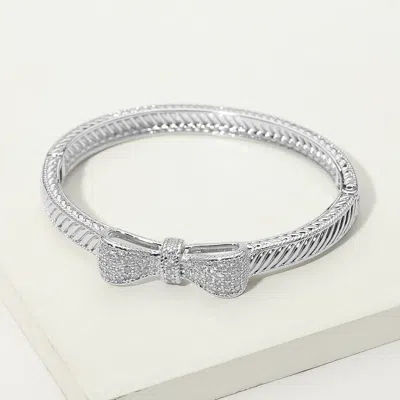 Fashnzfab 14k Gold Plated Cz Pave Bow Accent Cable Hinged Bangle Bracelet In Multi