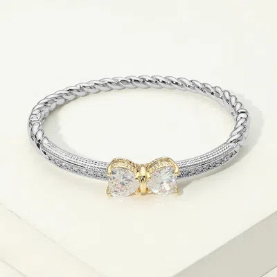 Fashnzfab 14k Gold Plated Cz Pave Bow Accent Twisted Cable Hinged Bangle Bracelet In Multi