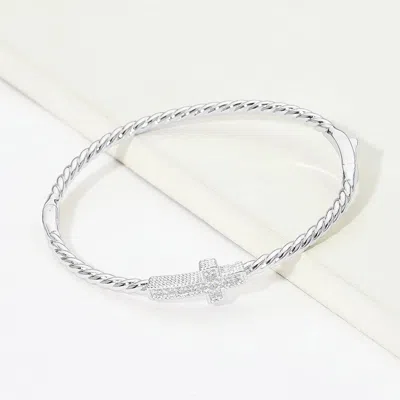 Fashnzfab 14k Gold Plated Cz Pave Cross Accent Twisted Hinged Bangle Bracelet In White