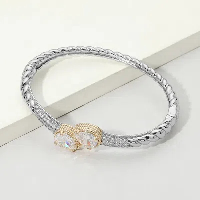 Fashnzfab 14k Gold Plated Cz Pave Double Oval Gemstone Accent Hinged Bangle Bracelet In Multi