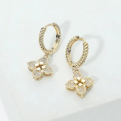 Fashnzfab 14k Gold Plated Cz Pave Floral Charm Drop Huggie Hoop Earrings